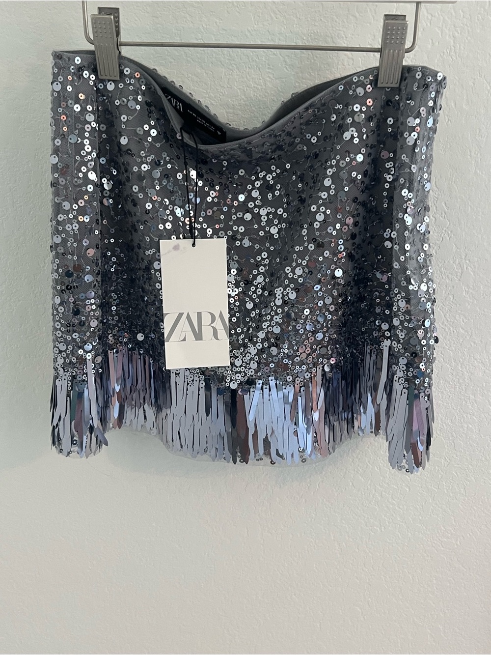 Zara Silver Sequin Mini Skirt with Fringe